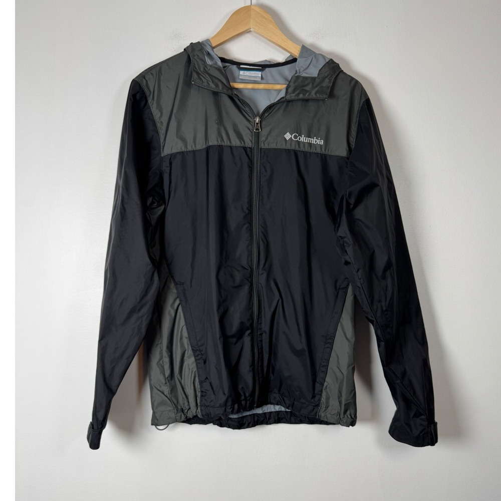 Gorpcore Columbia Mens Small Windbreaker Jacket Black Grey Hooded Full Zip